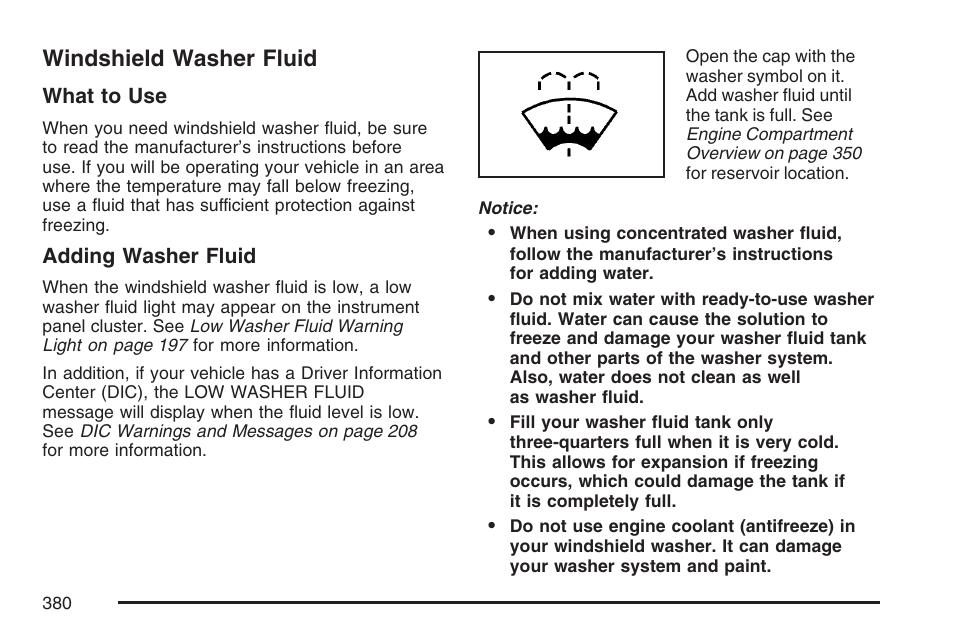 Windshield washer fluid | Buick 2007 LaCrosse User Manual | Page 380 / 512