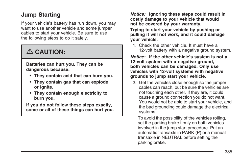 Jump starting, Jump, Starting | Caution | Buick 2007 LaCrosse User Manual | Page 385 / 512