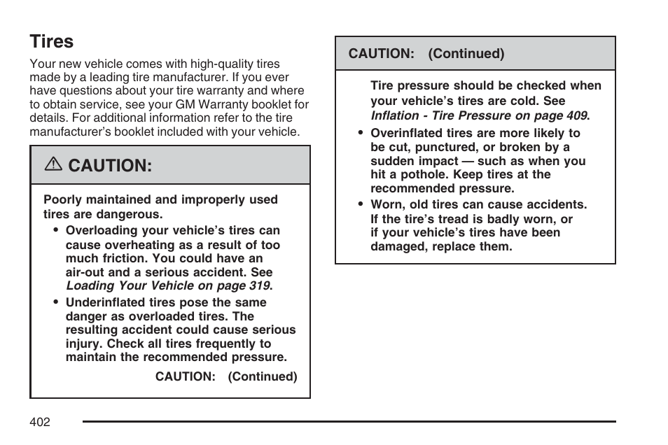 Tires, Caution | Buick 2007 LaCrosse User Manual | Page 402 / 512