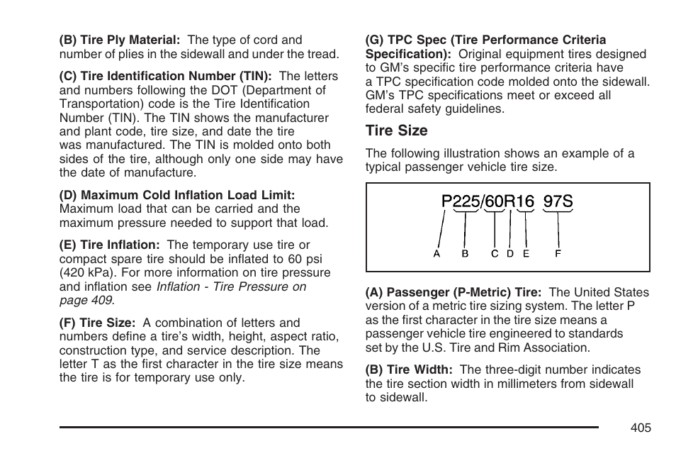 Tire size | Buick 2007 LaCrosse User Manual | Page 405 / 512