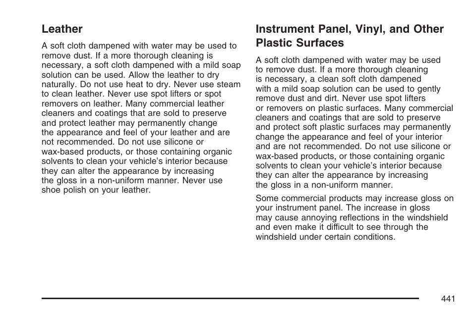 Leather, Leather instrument panel, vinyl, and other, Plastic surfaces | Buick 2007 LaCrosse User Manual | Page 441 / 512