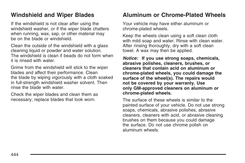 Windshield and wiper blades, Aluminum or chrome-plated wheels | Buick 2007 LaCrosse User Manual | Page 444 / 512