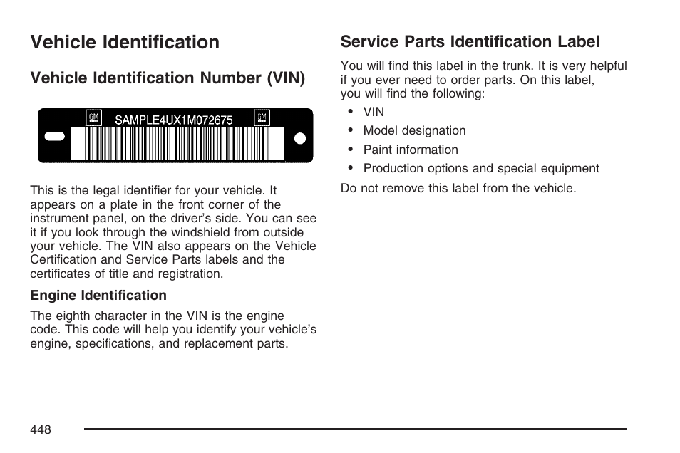 Vehicle identification, Vehicle identification number (vin), Service parts identification label | Buick 2007 LaCrosse User Manual | Page 448 / 512