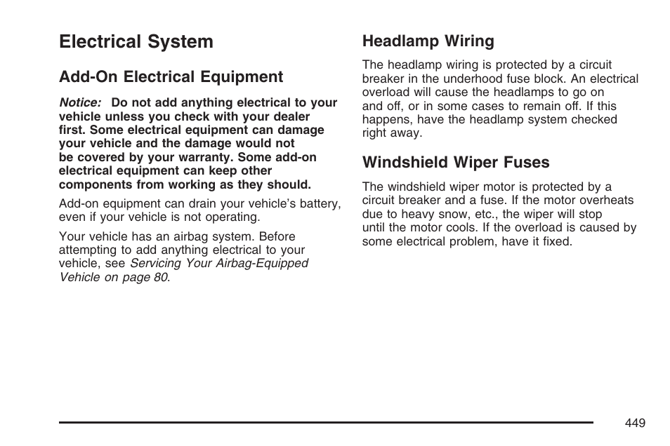 Electrical system, Add-on electrical equipment, Headlamp wiring | Windshield wiper fuses | Buick 2007 LaCrosse User Manual | Page 449 / 512