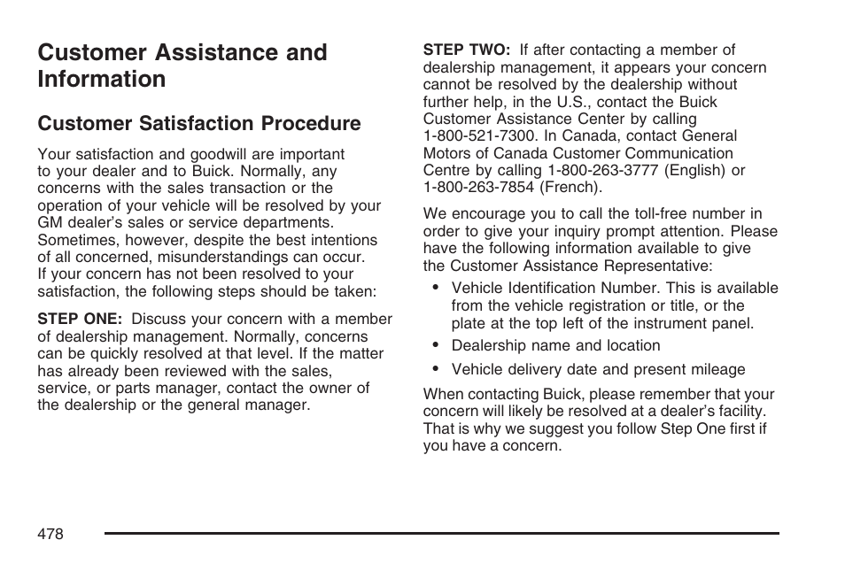 Customer assistance and information, Customer satisfaction procedure | Buick 2007 LaCrosse User Manual | Page 478 / 512