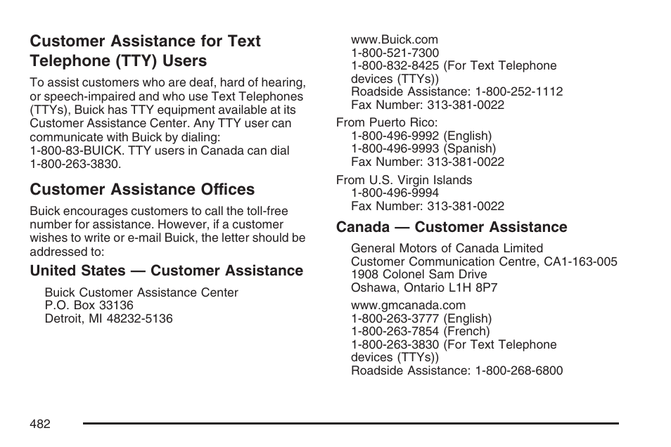 Customer assistance for text telephone (tty) users, Customer assistance offices, Customer assistance for text | Telephone (tty) users | Buick 2007 LaCrosse User Manual | Page 482 / 512