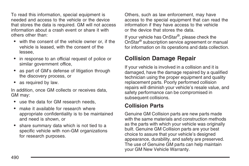 Collision damage repair, Collision parts | Buick 2007 LaCrosse User Manual | Page 490 / 512