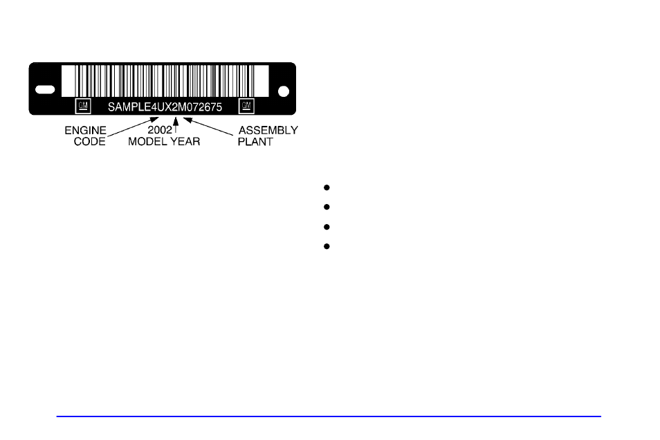 Vehicle identification number (vin), Engine identification, Service parts identification label | Buick 2002 Rendezvous User Manual | Page 407 / 455
