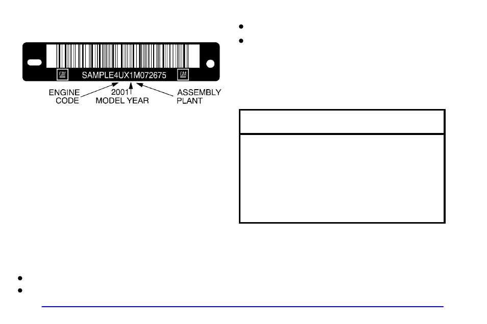 Vehicle identification number (vin), Engine identification, Service parts identification label | Electrical system, Add-on electrical equipment, Notice | Buick 2001 Century User Manual | Page 308 / 351