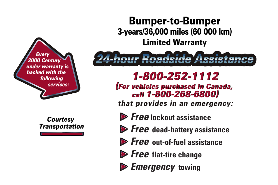 Hour roadside assistance, Bumper-to-bumper, Free | Emergency | Buick 2000 Century User Manual | Page 2 / 344