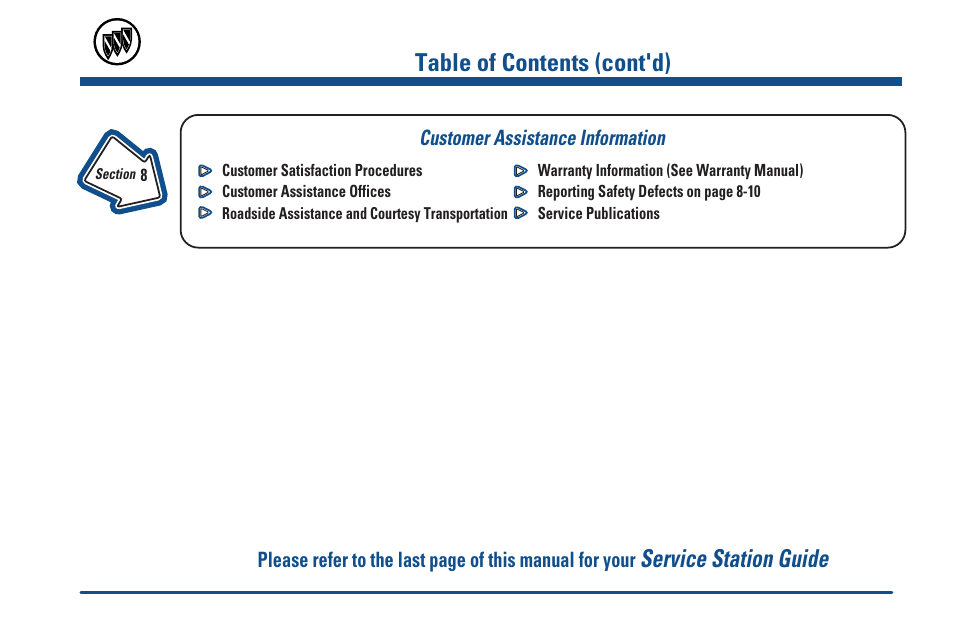 Customer assistance information, Service station guide, Table of contents (cont'd) | Buick 2000 Century User Manual | Page 7 / 344