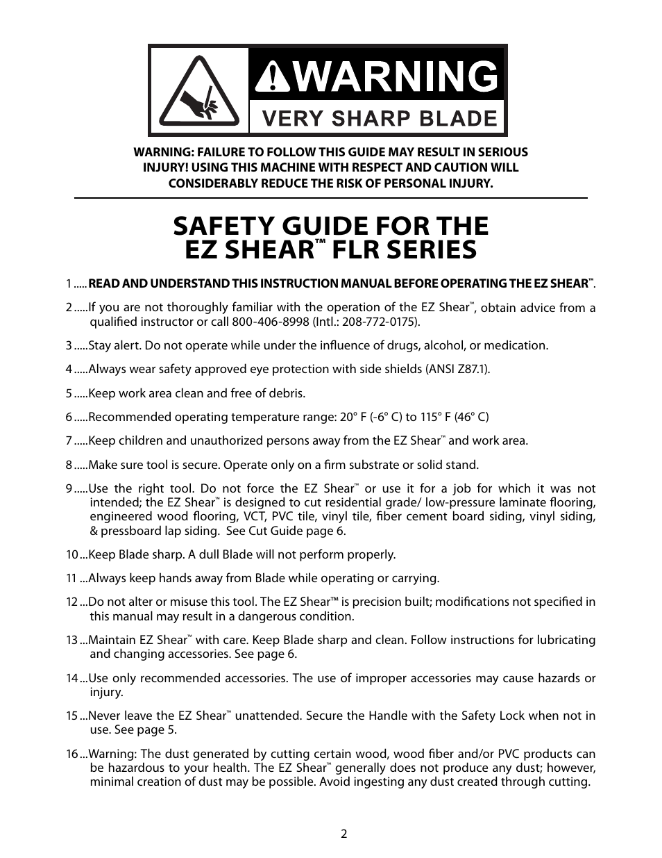 Safety guide for the ez shear, Flr series | Bullet Tools 120-FLR User Manual | Page 2 / 8
