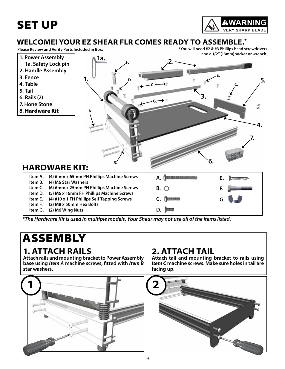 Set up, Assembly, Attach rails | Attach tail, Hardware kit, Welcome! your ez shear flr comes ready to assemble | Bullet Tools 120-FLR User Manual | Page 3 / 8