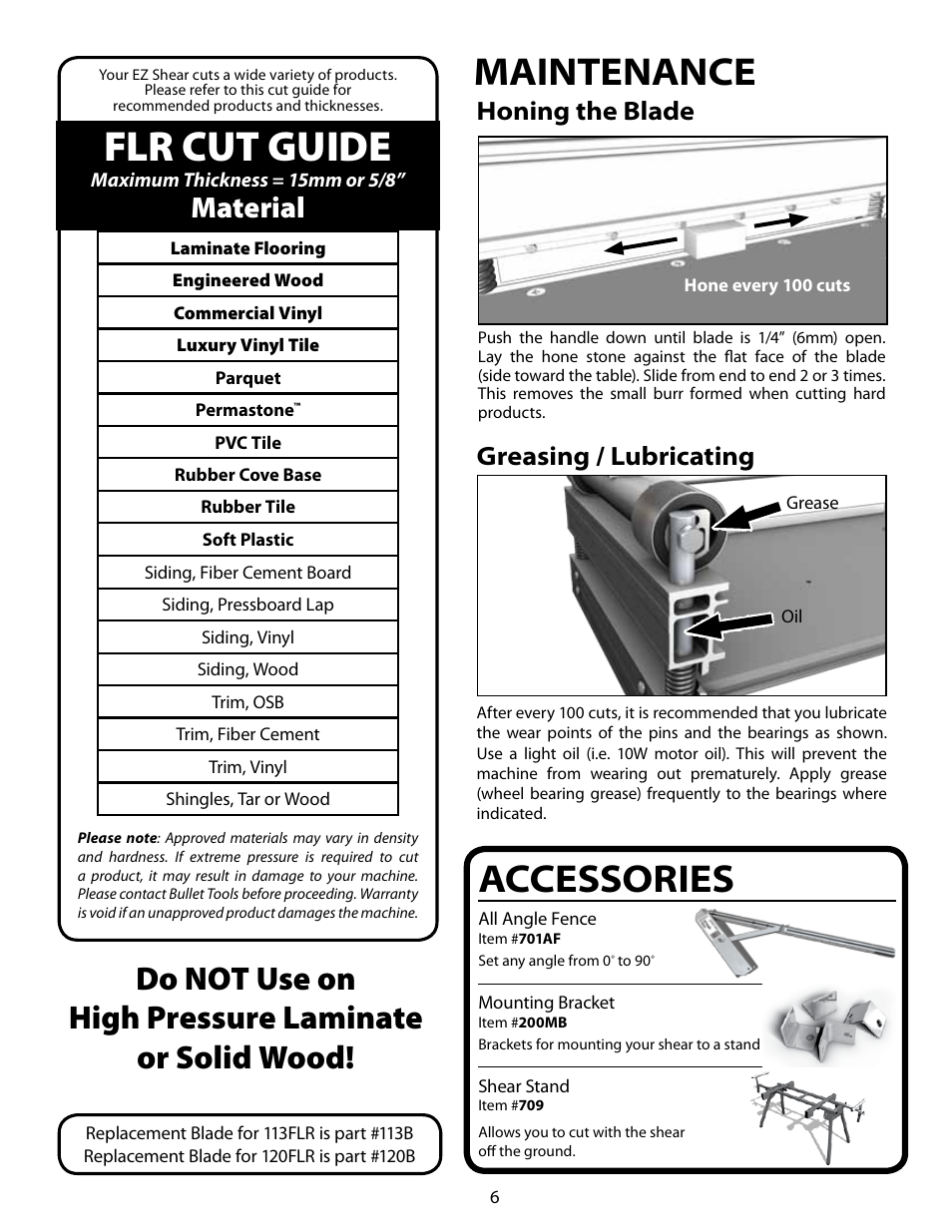 Flr cut guide, Accessories, Maintenance | Do not use on high pressure laminate or solid wood, Material, Honing the blade, Greasing / lubricating | Bullet Tools 120-FLR User Manual | Page 6 / 8