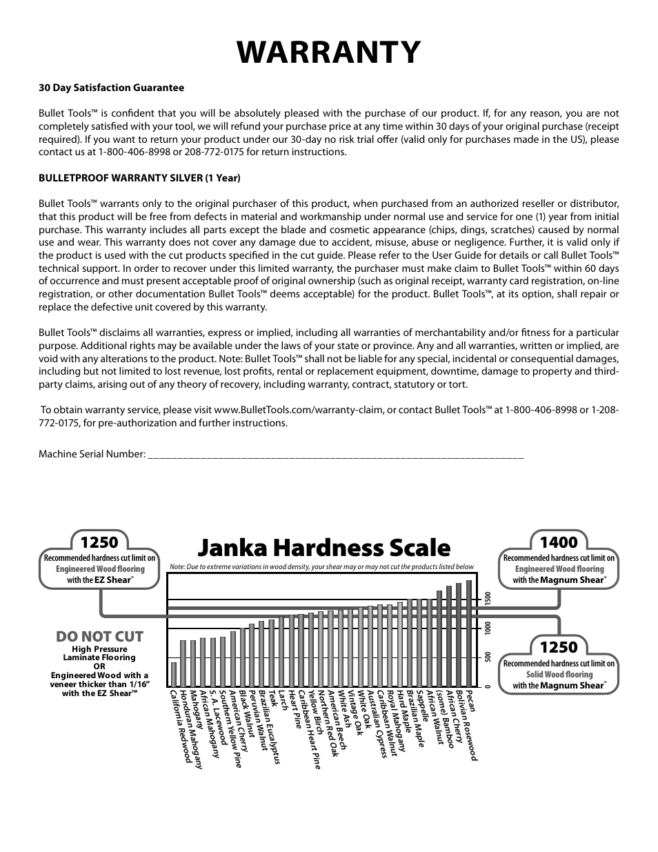 Warranty, Janka hardness scale, Do not cut | Bullet Tools 120-FLR User Manual | Page 7 / 8