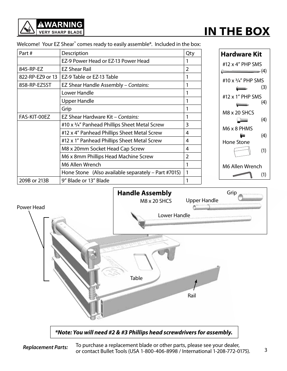 Handle assembly hardware kit | Bullet Tools 209 User Manual | Page 3 / 8