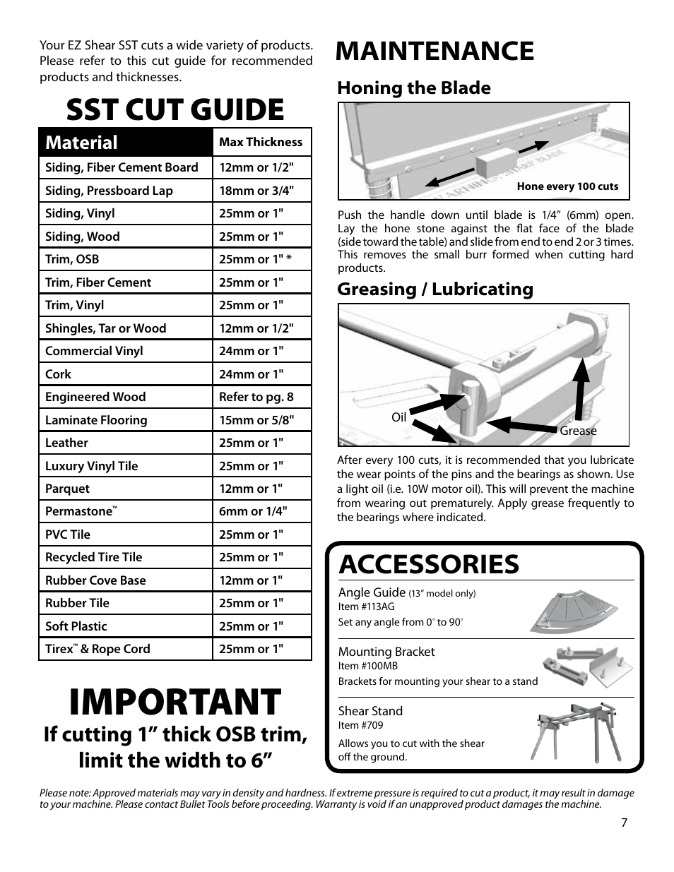 Important, Sst cut guide, Maintenance accessories | If cutting 1” thick osb trim, limit the width to 6, Material, Honing the blade greasing / lubricating | Bullet Tools 209 User Manual | Page 7 / 8