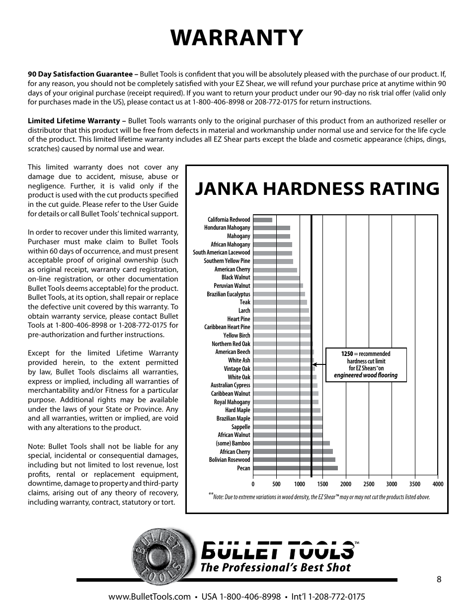 Warranty, Janka hardness rating | Bullet Tools 209 User Manual | Page 8 / 8