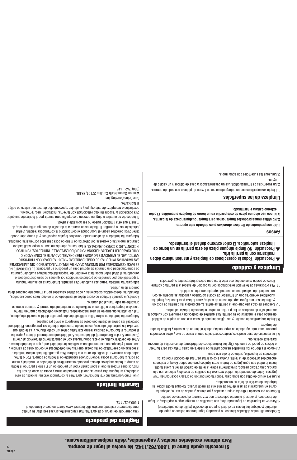 Instrucciones de operación registro del producto, Garantia limitada, Limpieza y cuidado | Avisos, Limpieza de las superficies | Blue Rhino CBT802WGR User Manual | Page 10 / 16