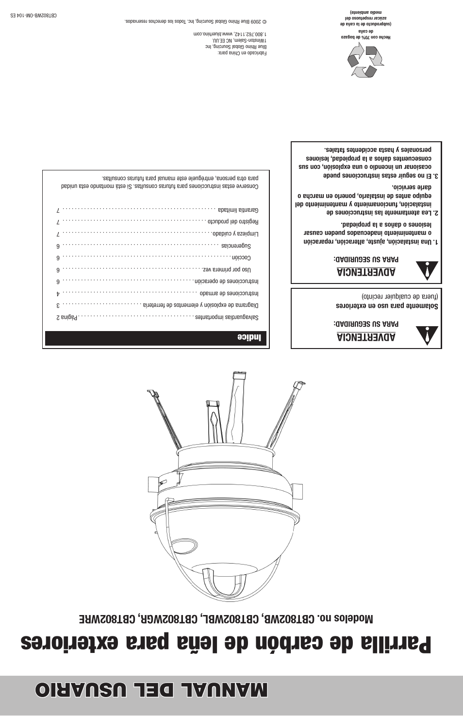 Parrilla de carbón de leña para exteriores, Manual del usuario, Advertencia | Indice | Blue Rhino CBT802WGR User Manual | Page 16 / 16