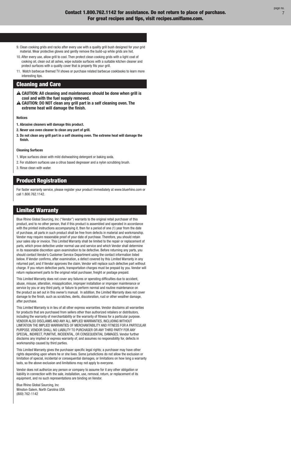 Operating instructions, Cleaning and care, Product registration | Limited warranty | Blue Rhino CBT802WGR User Manual | Page 7 / 16