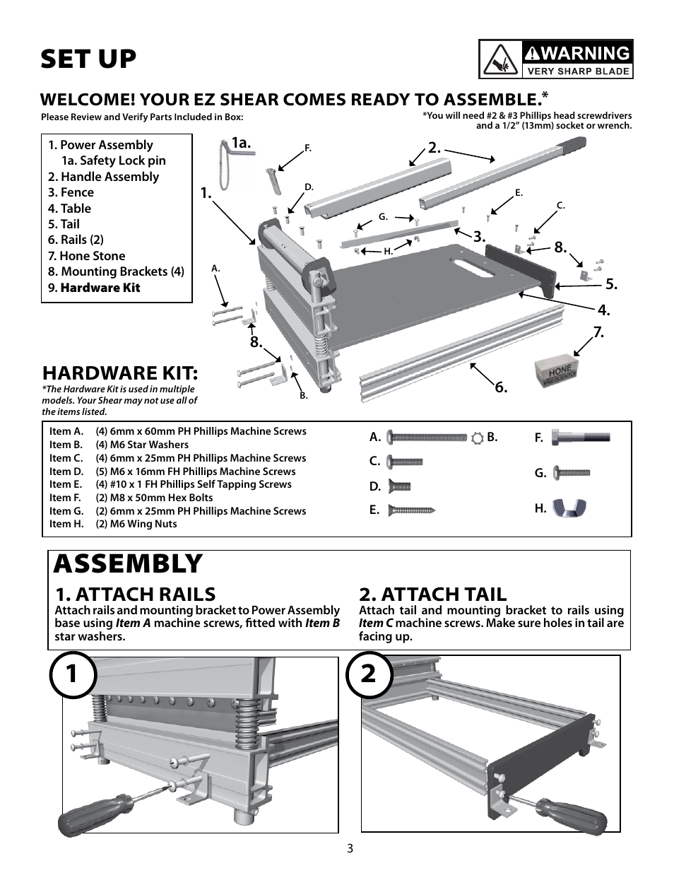 Set up, Assembly, Attach rails | Attach tail, Hardware kit, Welcome! your ez shear comes ready to assemble | Bullet Tools 213-SID User Manual | Page 3 / 8