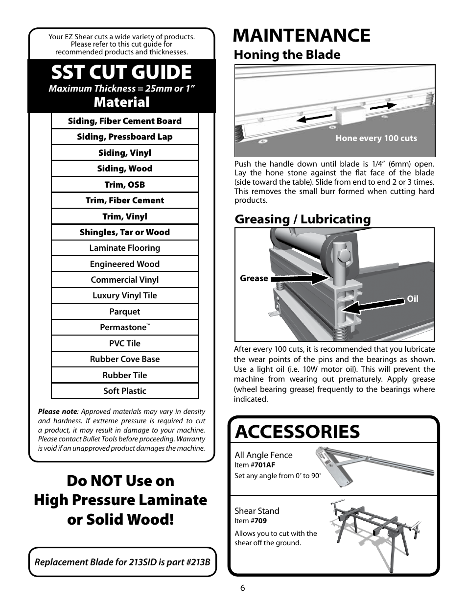 Sst cut guide, Accessories, Maintenance | Do not use on high pressure laminate or solid wood, Material, Honing the blade, Greasing / lubricating | Bullet Tools 213-SID User Manual | Page 6 / 8