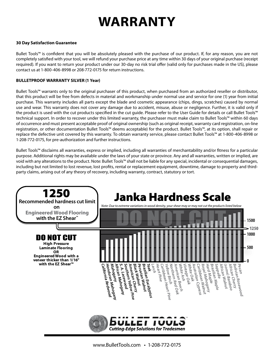 Warranty, Janka hardness scale, Do not cut | Bullet Tools 213-SID User Manual | Page 7 / 8