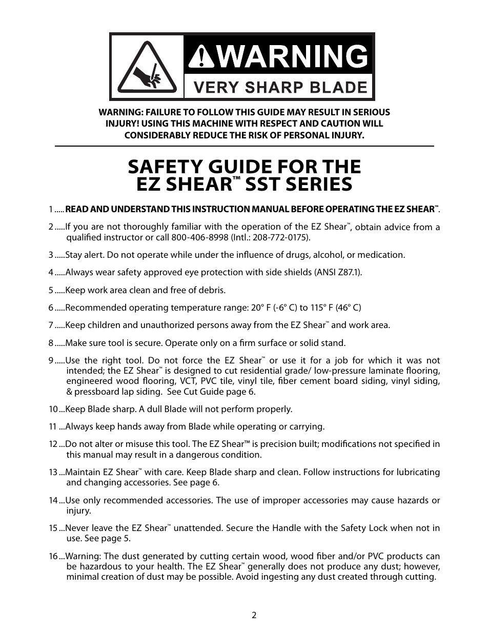 Safety guide for the ez shear, Sst series | Bullet Tools SST226 User Manual | Page 2 / 8