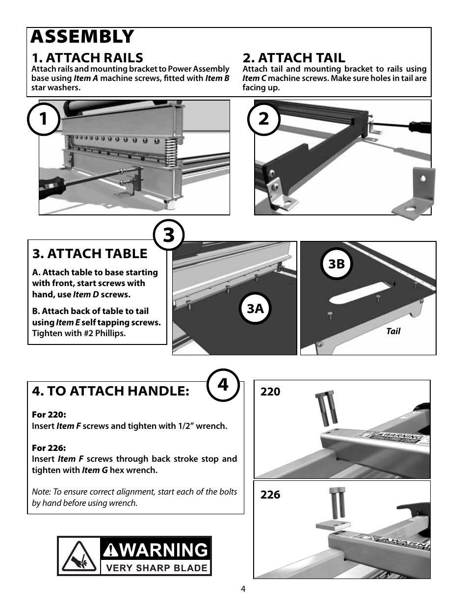 Assembly, Attach table, Attach rails | Attach tail | Bullet Tools SST226 User Manual | Page 4 / 8