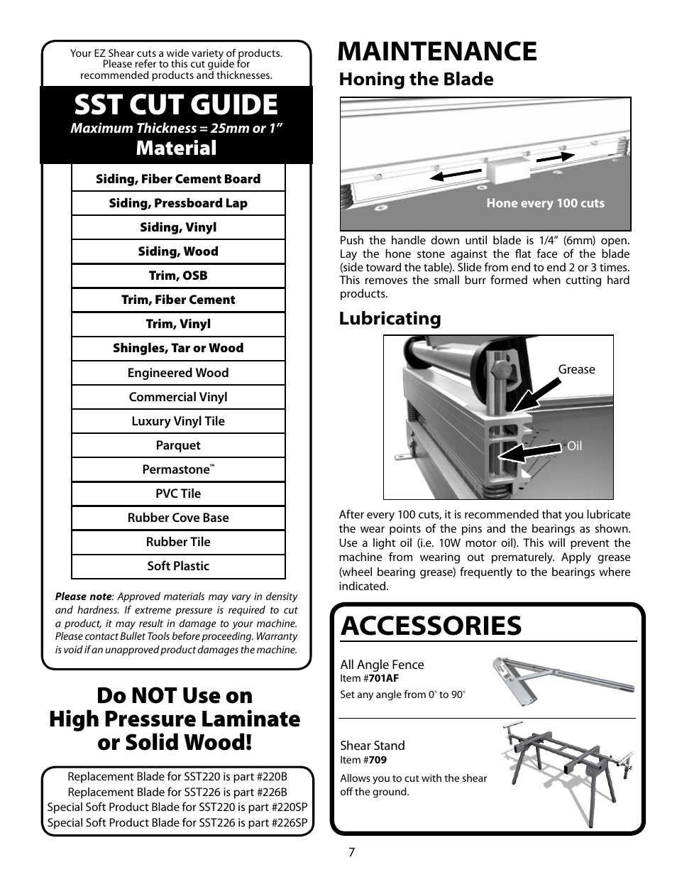 Sst cut guide, Accessories, Maintenance | Do not use on high pressure laminate or solid wood, Material, Honing the blade, Lubricating | Bullet Tools SST226 User Manual | Page 7 / 8