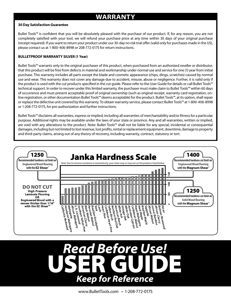 User guide, Read before use, Keep for reference | Janka hardness scale, Warranty, Do not cut | Bullet Tools SST226 User Manual | Page 8 / 8