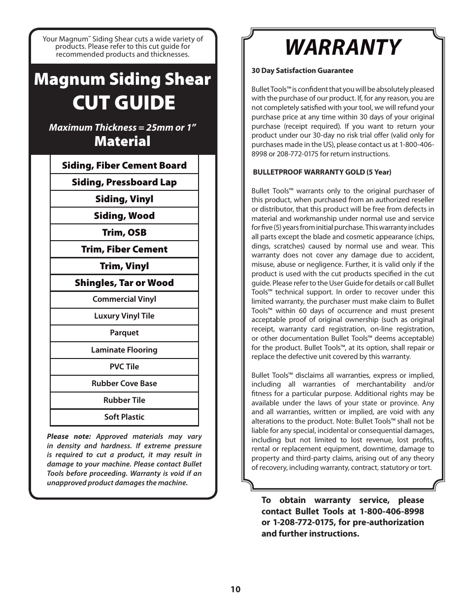 Warranty, Cut guide, Magnum siding shear | Material | Bullet Tools 613 User Manual | Page 10 / 10