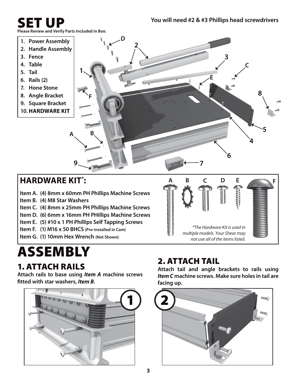 Set up assembly, Attach rails, Hardware kit | Attach tail | Bullet Tools 613 User Manual | Page 3 / 10