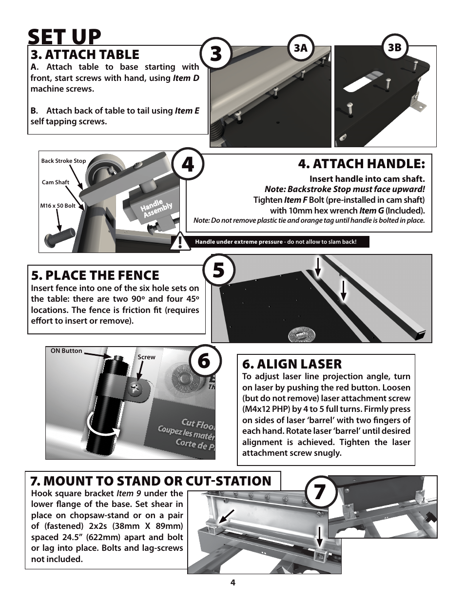 Set up, Attach table, Place the fence | Align laser, Attach handle, Mount to stand or cut-station | Bullet Tools 613 User Manual | Page 4 / 10