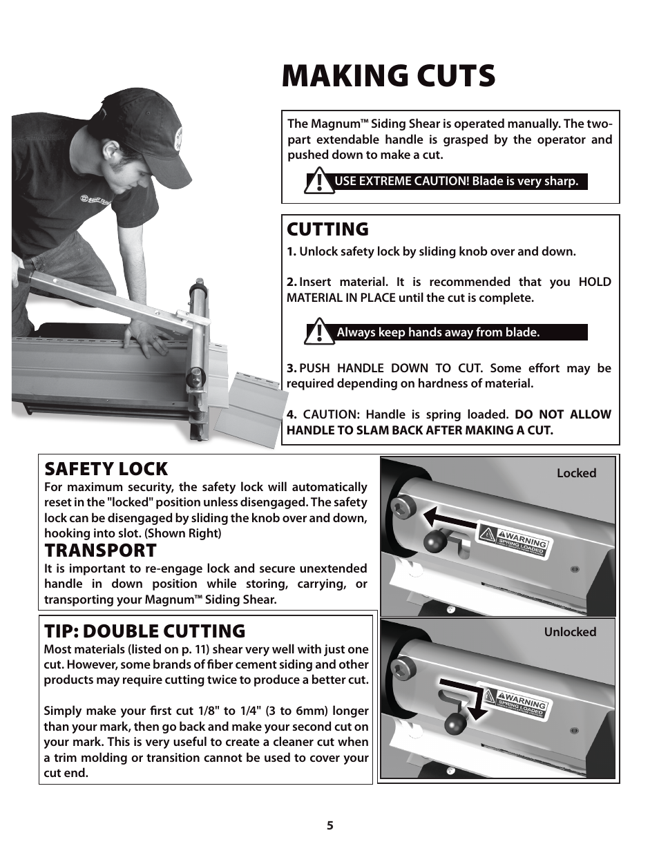 Making cuts, Cutting, Tip: double cutting | Safety lock, Transport | Bullet Tools 613 User Manual | Page 5 / 10