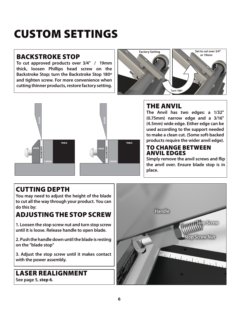 Custom settings, Backstroke stop, The anvil | Cutting depth, Adjusting the stop screw, Laser realignment, See page 5, step 6, Handle stop screw stop screw nut | Bullet Tools 613 User Manual | Page 6 / 10