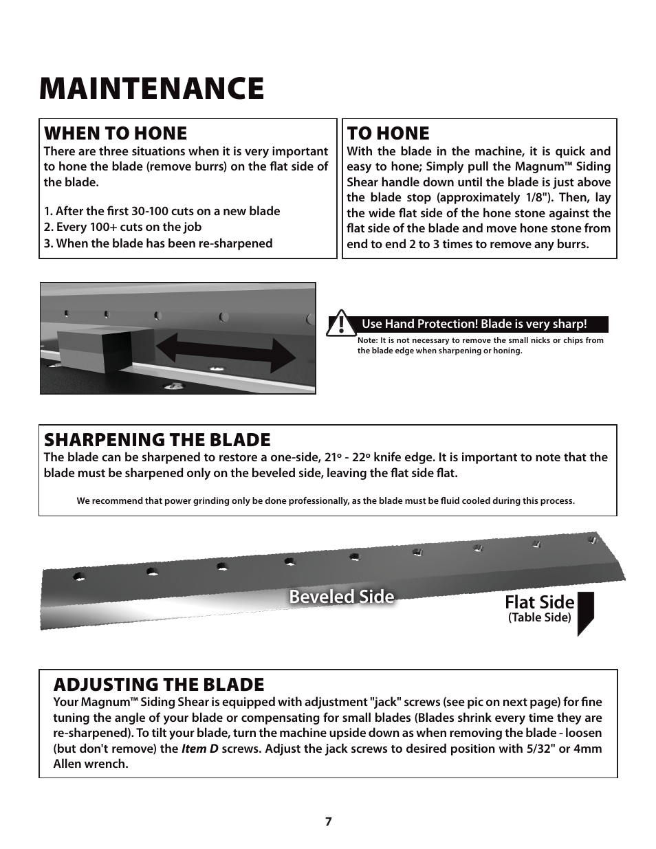 Maintenance, When to hone, Sharpening the blade | Adjusting the blade, Beveled side flat side | Bullet Tools 613 User Manual | Page 7 / 10