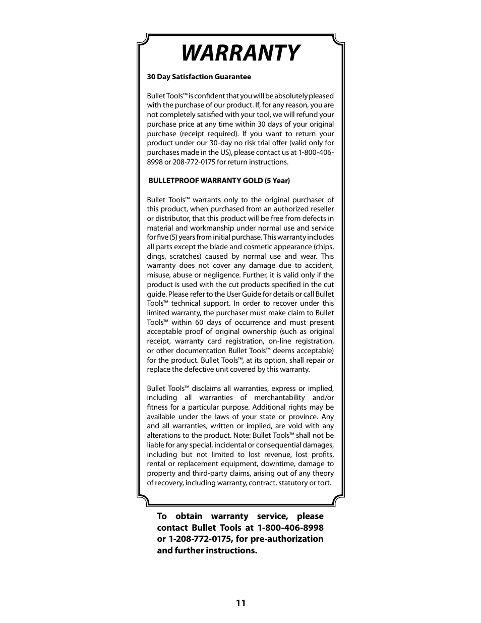 Warranty | Bullet Tools 920 User Manual | Page 11 / 11