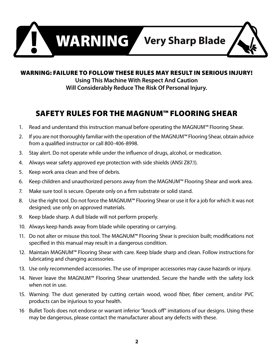 Warning, Very sharp blade, Safety rules for the magnum™ flooring shear | Bullet Tools 920 User Manual | Page 2 / 11
