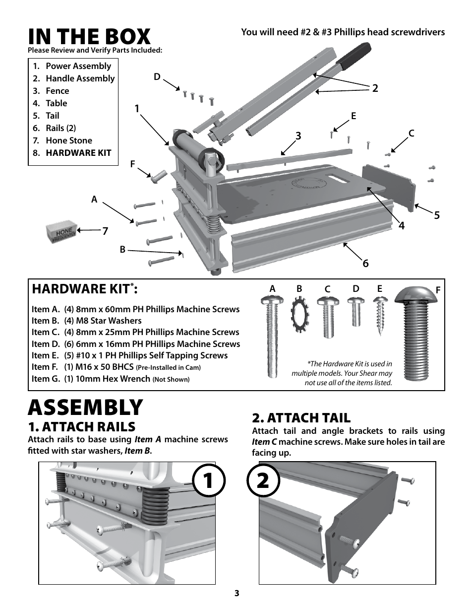 Attach rails, Hardware kit, Attach tail | Bullet Tools 920 User Manual | Page 3 / 11