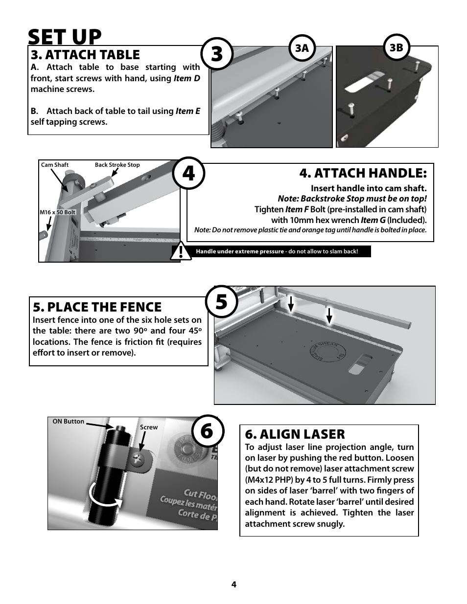 Set up, Attach table, Place the fence | Align laser, Attach handle | Bullet Tools 920 User Manual | Page 4 / 11