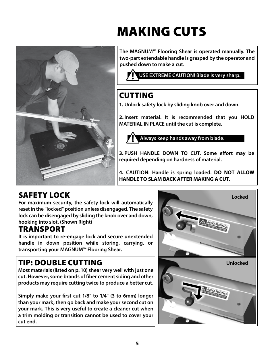 Making cuts, Cutting, Tip: double cutting | Safety lock, Transport | Bullet Tools 920 User Manual | Page 5 / 11