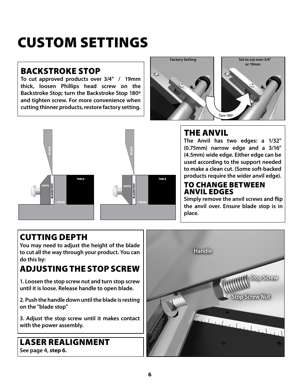 Custom settings, Backstroke stop, The anvil | Cutting depth, Adjusting the stop screw, Laser realignment, See page 4, step 6, Handle stop screw stop screw nut | Bullet Tools 920 User Manual | Page 6 / 11