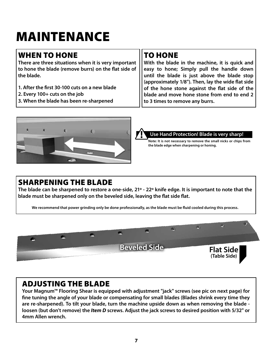 Maintenance, When to hone, Sharpening the blade | Adjusting the blade, Beveled side flat side | Bullet Tools 920 User Manual | Page 7 / 11