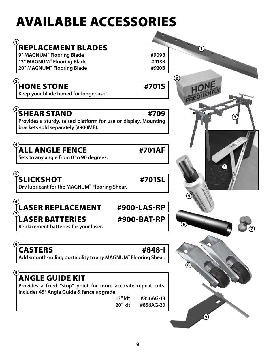 Available accessories, Replacement blades, Hone stone #701s | Shear stand #709, All angle fence #701af, Slickshot #701sl, Casters #848-i, Angle guide kit | Bullet Tools 920 User Manual | Page 9 / 11