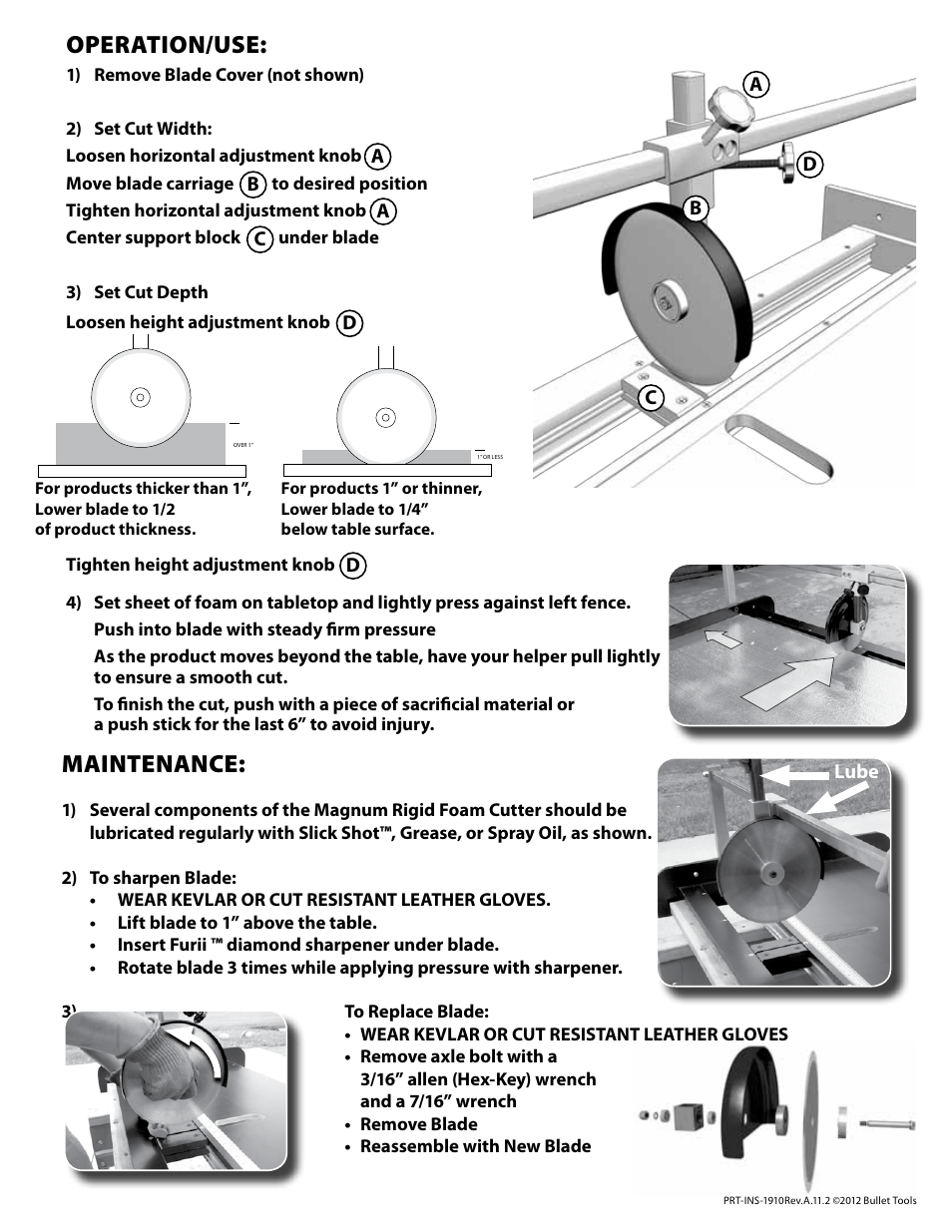 Operation/use, Maintenance | Bullet Tools Magnum Rigid Foam Cutter User Manual | Page 2 / 3