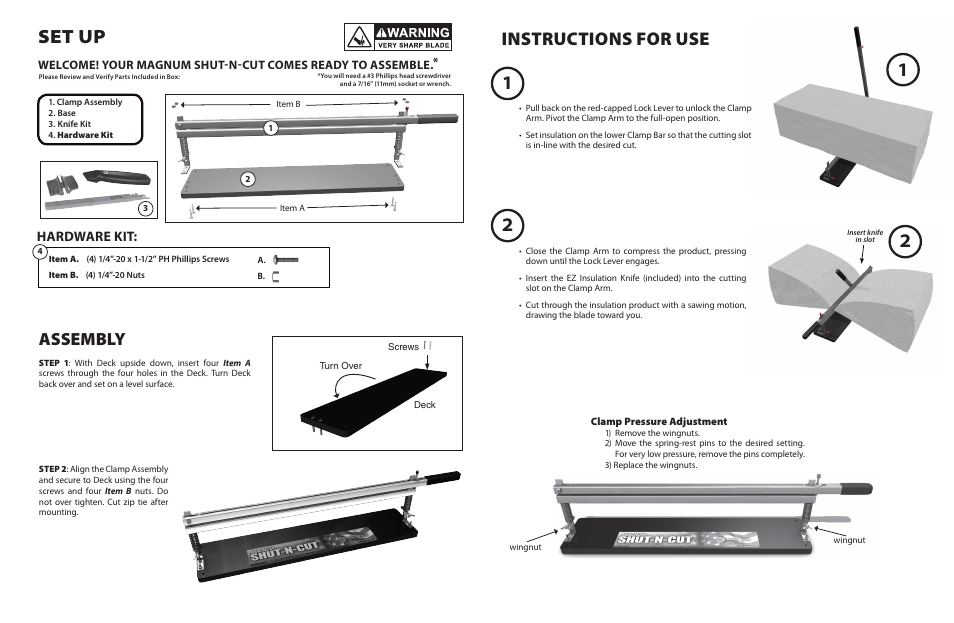 Set up, Instructions for use, Assembly | Hardware kit | Bullet Tools Magnum SHUT-N-CUT (1901-26-01) User Manual | Page 2 / 2