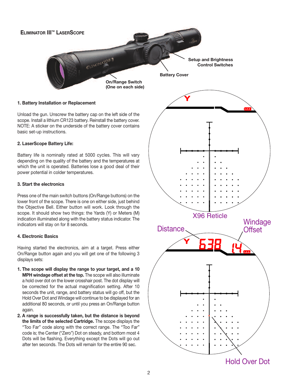 Distance windage offset hold over dot, X96 reticle | Burris Eliminator III User Manual | Page 2 / 8