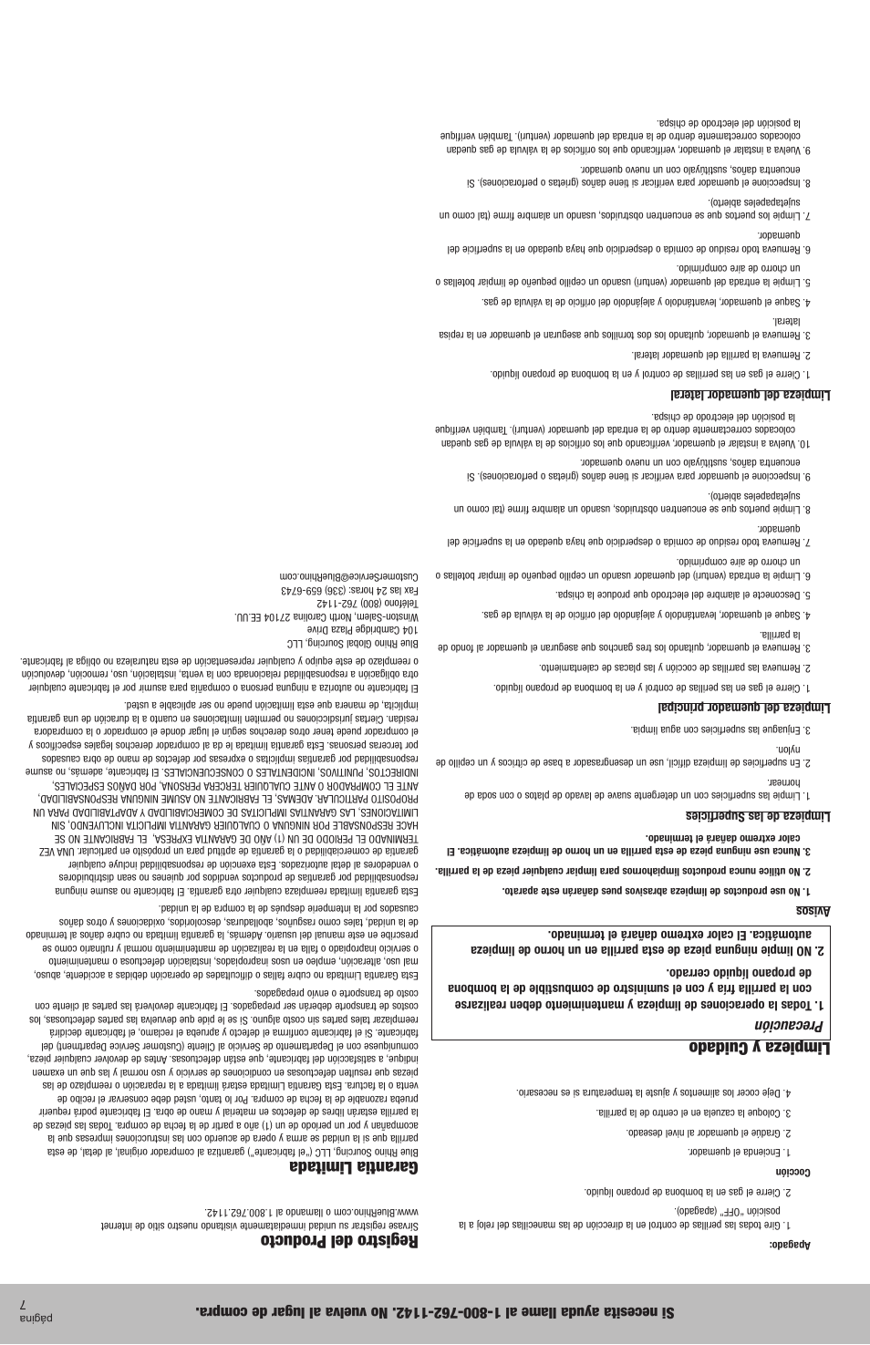 Limpieza y cuidado, Registro del producto, Garantia limitada | Precaución | Blue Rhino NSG3902D User Manual | Page 12 / 18